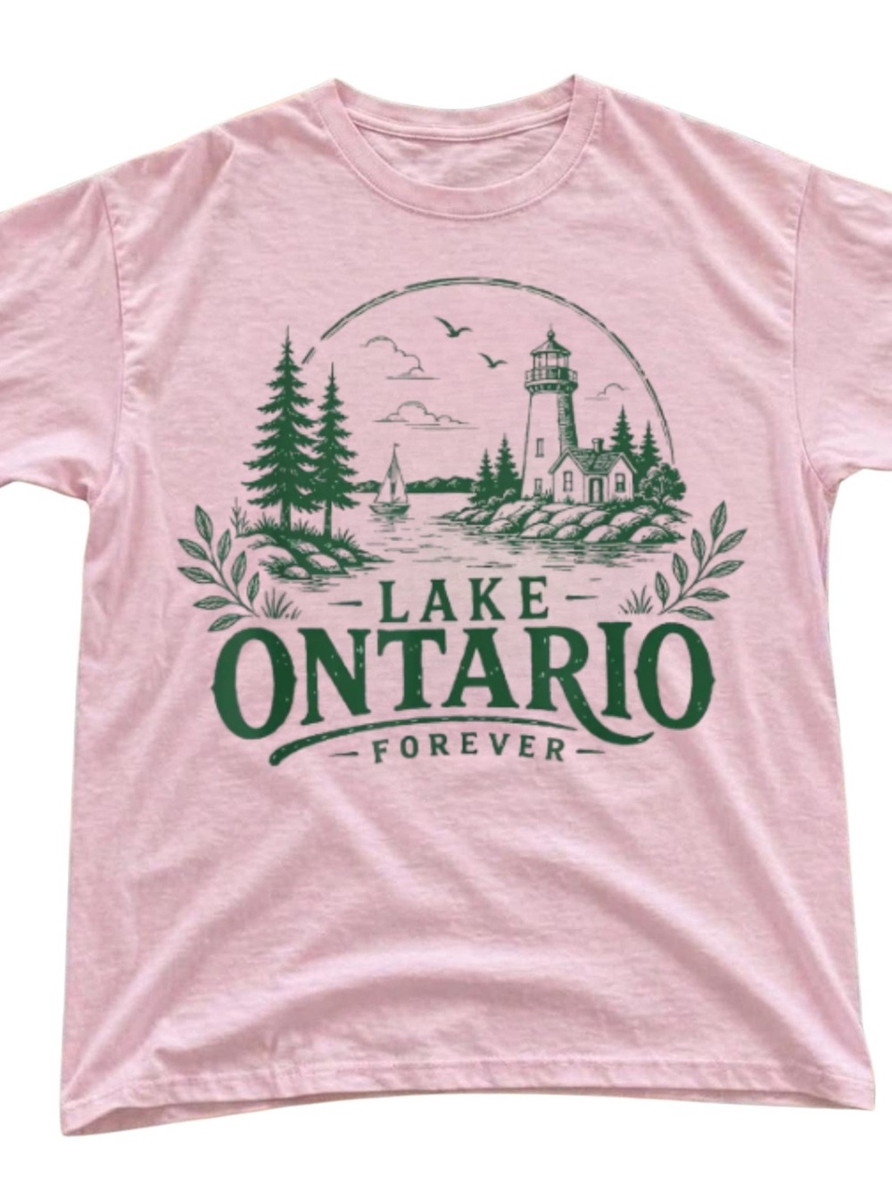 Gildan Light Pink Tee with Green Lake Ontario Graphic, Gift For Him, For Her